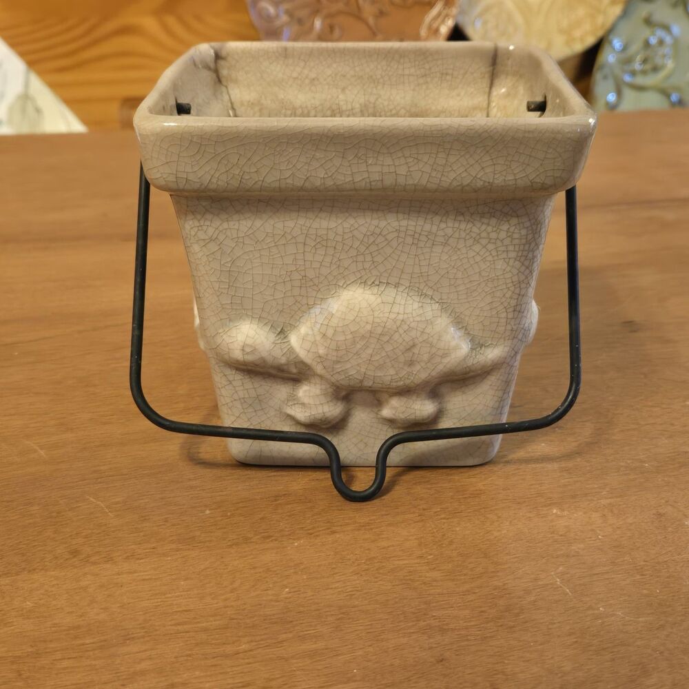Vintage Turtle Square Ceramic Crackle Glaze Planter Pot With Iron Hook Handle 5" - Picture 3 of 5
